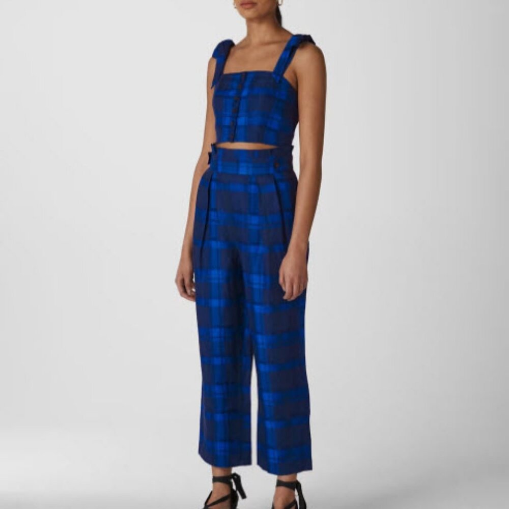 Womens Whistles Blue Black Plaid 100% Linen 2 Pc Set Crop Top Paperbag Pants 6